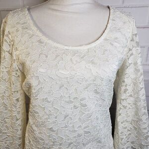 Charlotte Russe White Lace Scoop Neck Top womens XL L Blouse 3/4 Sleeve Dressy